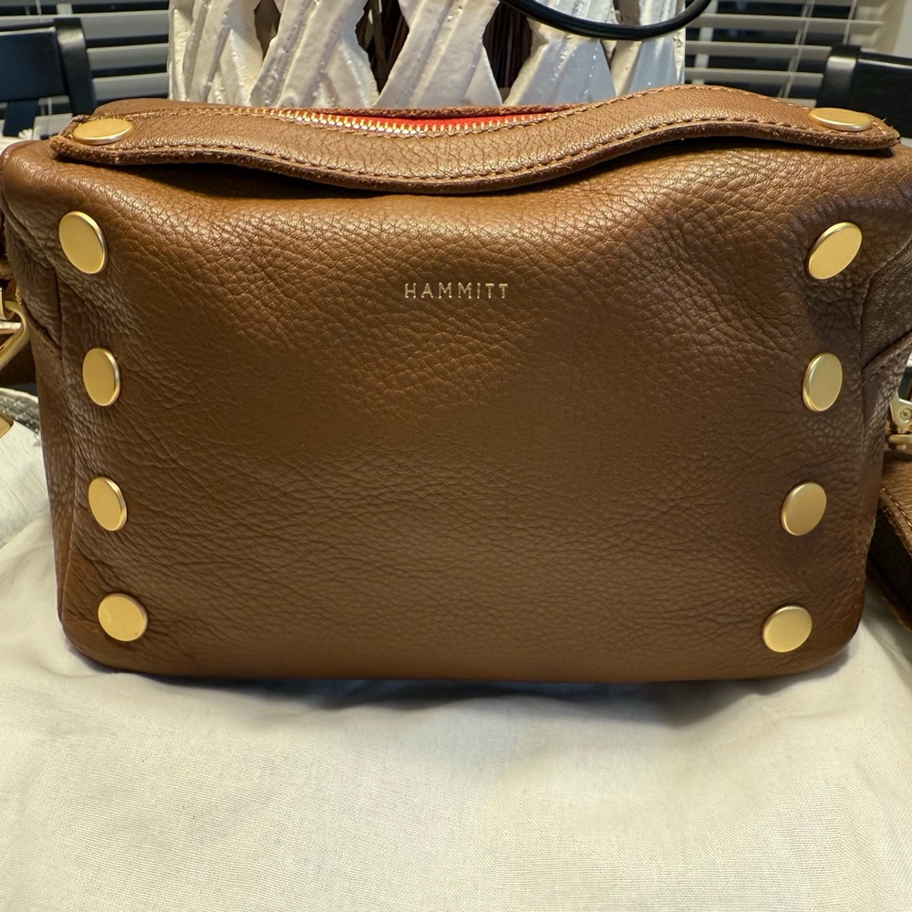 Hammitt Evan crossbody.  Mahogany pebbled leather/brushed gold accents/red zip